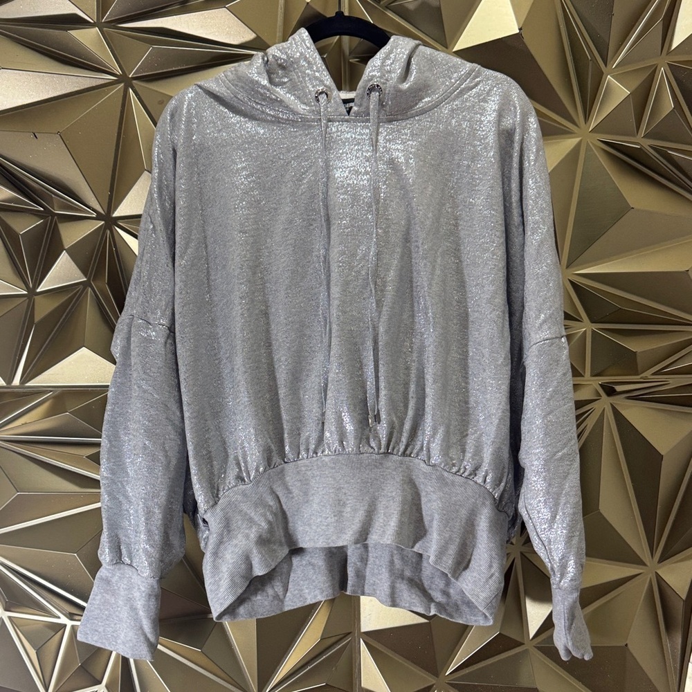 Karl Lagerfeld Paris Womens Silver Metallic Shimmer Pullover Hoodie Size Medium